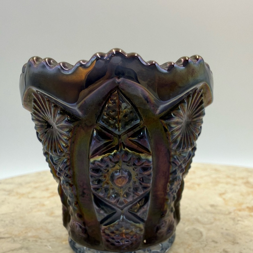 Imperial Glass Purple Amethyst Carnival Glass Sawtooth Hobstar Toothpick Holder